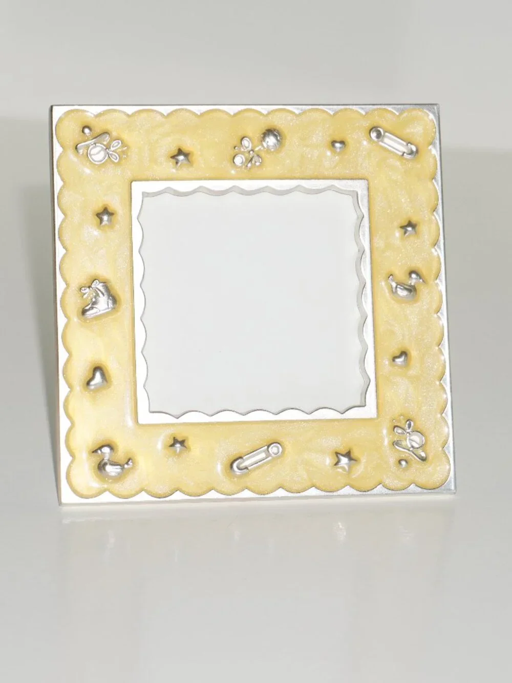 Unisex Baby Picture Frame Yellow Enamel with Scalloped Edges & Silver Details